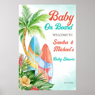 Affiche Baby à bord baby shower tropical de surf accueil