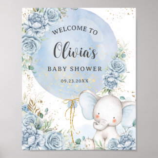 Affiche Baby Blue Fleur d'Éléphant Garçon Baby Shower
