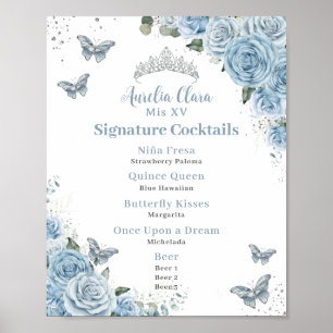 Affiche Baby Blue Floral Argent Quinceanera Bar Menu boiss