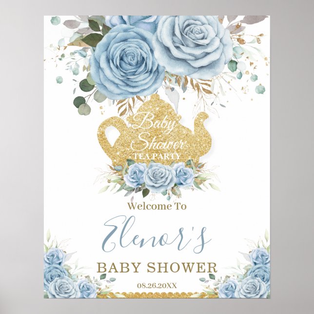 Affiche Baby Blue Floral Rose Baby shower High Tea Party (Devant)