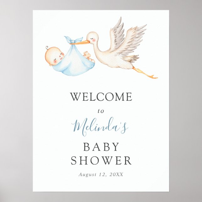 Affiche Baby Boy Blue Stork Baby shower de bienvenue (Devant)