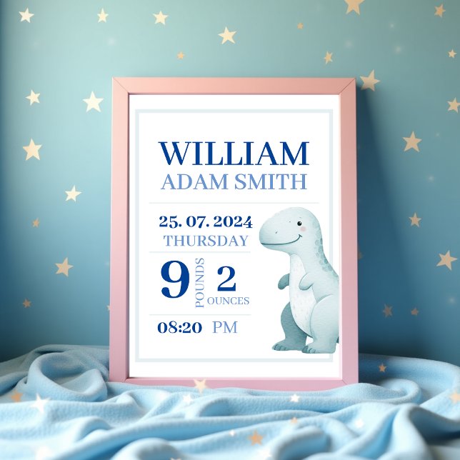 Affiche Baby Boy Dinosaur Faire-part de naissance personna (Baby Boy Cute Dinosaur Personalised Birth Announcement Poster )