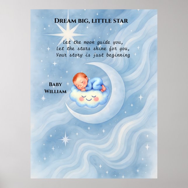 Affiche Baby Boy Douche Invitation Lune Étoiles Aquarelle (Devant)