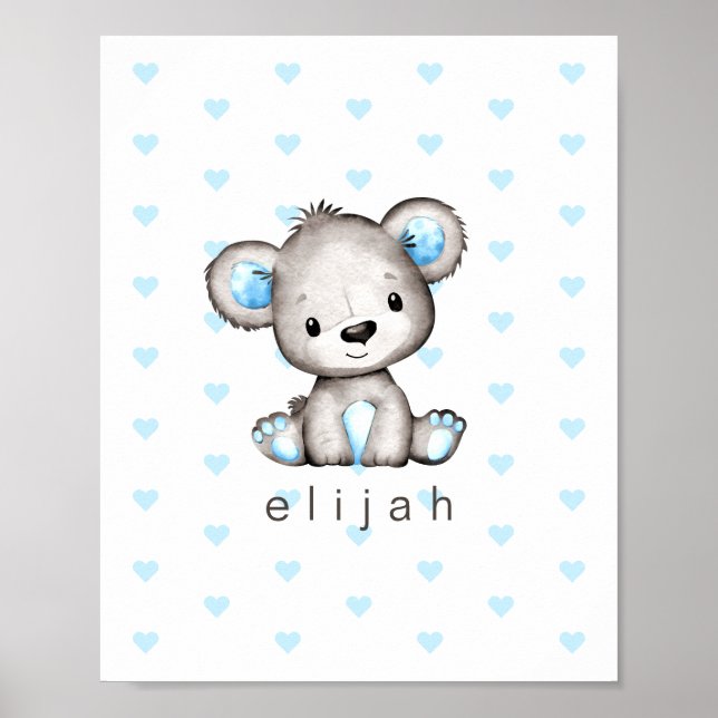 Affiche Baby Boy's Teddy Bear Coeurs Bleus personnalisés (Devant)
