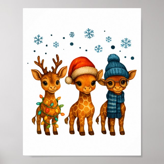 Affiche Baby Giraffe Christmas Lights Santa Hat Reindeer W (Devant)