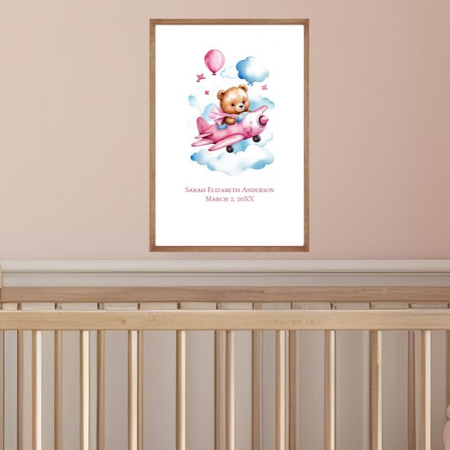 Affiche Baby Girl Bear Flying Airplane Nursery Wall Art (Baby Girl Bear Flying Airplane Nursery Wall Art, Personalize it with name, birth stats)