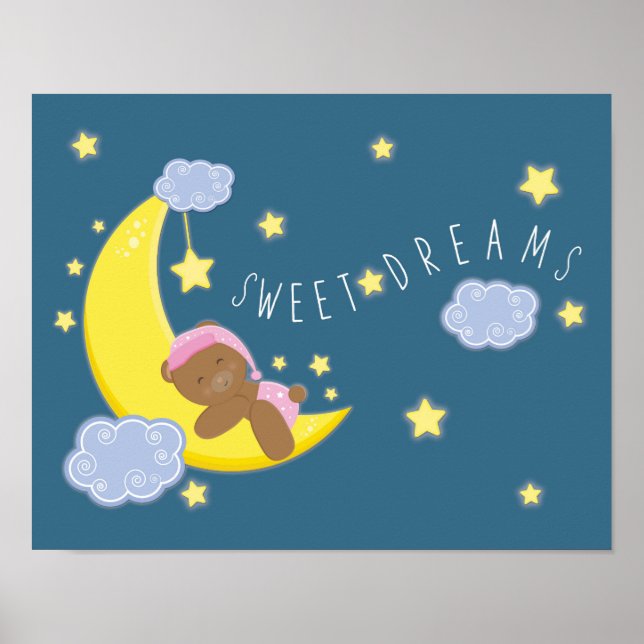 Affiche Baby Girl Bear Lune Celestial Stars Nursery Imprim (Devant)
