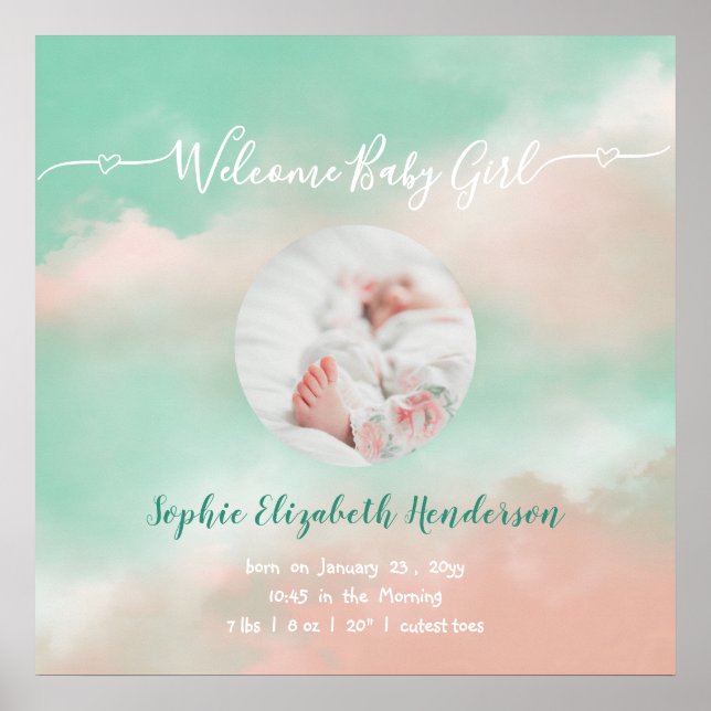 Affiche Baby Girl Name Script Birth Stats Nouveau-né Photo (Devant)