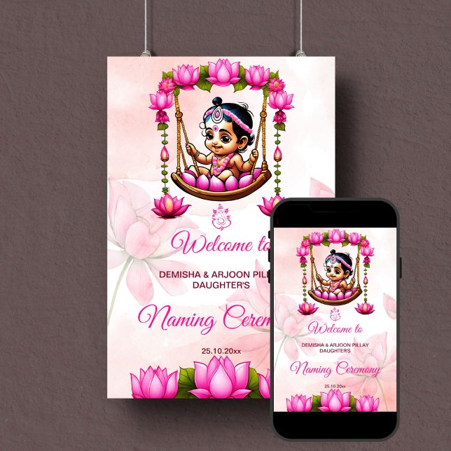 Affiche Baby Girl Naming Namkaran Cradle signe de bienvenu (Baby girl naming cradle namkaran ceremony template welcome sign poster digital download pink lotus)