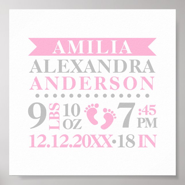 Affiche Baby Girl Nursery Room Birth Stats Keepsaké (Devant)