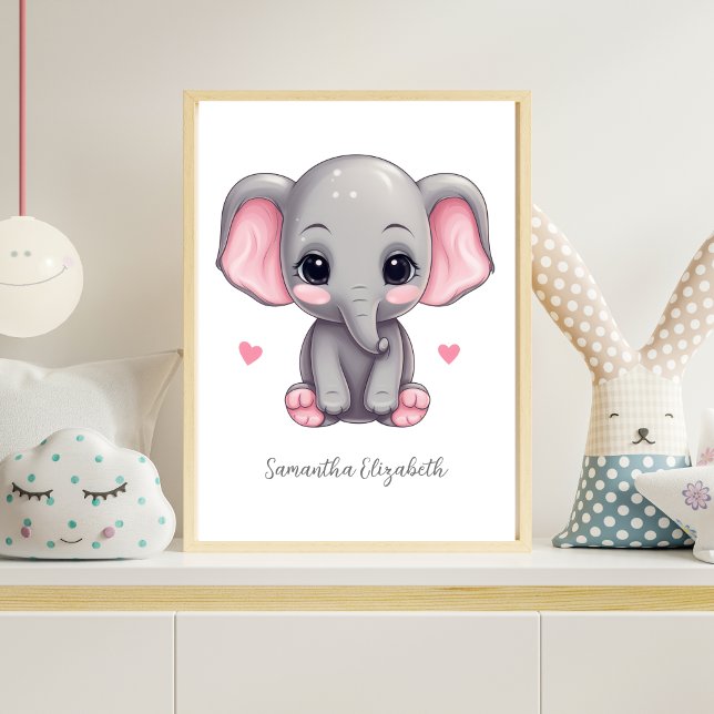 Affiche Baby Girl Nursery rose Grey Elephant (Personalized Pink elephant Nursery wall Art poster.  Baby Shower gift for baby girl. Add her name)