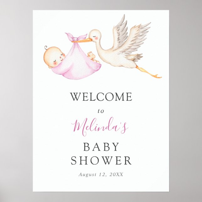 Affiche Baby Girl Pink Stork Baby shower de bienvenue (Devant)