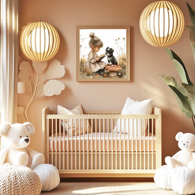 Affiche Baby Girl Reading black White Puppy Red Mushroom  (Créateur téléchargé)