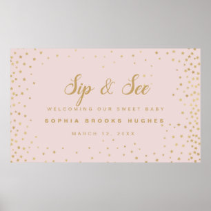 Affiche Baby Girl Sip N Voir Soft Rose & Gold Stars Bienve