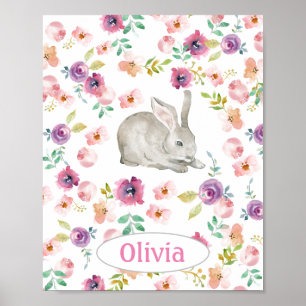 Affiche Baby Girl's Bunny w Name Nursery Floral Watercolor