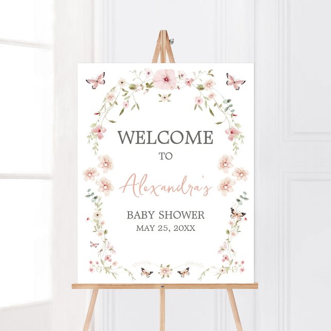 Affiche Baby in Bloom Baby shower papillon Bienvenue (Spring Butterflies Baby Shower Welcome Sign)