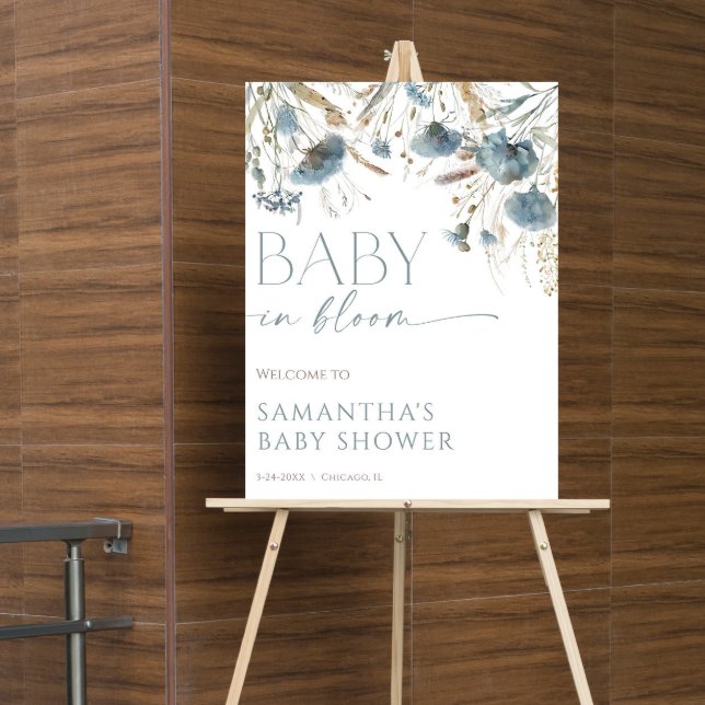 Affiche Baby in Bloom bleu poussiéreux garçon baby shower  (Créateur téléchargé)
