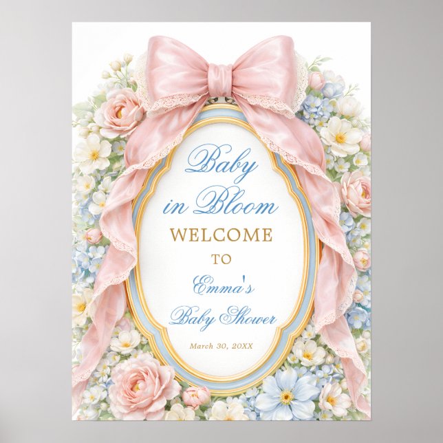Affiche Baby in Bloom Floral Pink Bow Baby Shower Welcome (Devant)