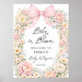 Affiche Baby in Bloom Pink Bow Floral Baby Shower Welcome