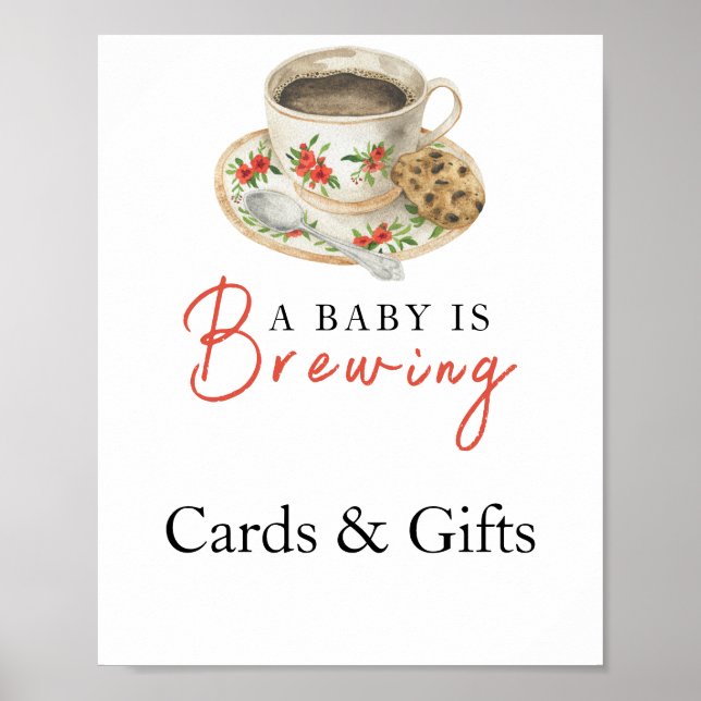 Affiche Baby is brewing coffee Cards and gifts baby shower (Devant)
