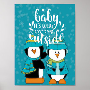 Affiche Baby It's Cold Outside Manchots Bleu