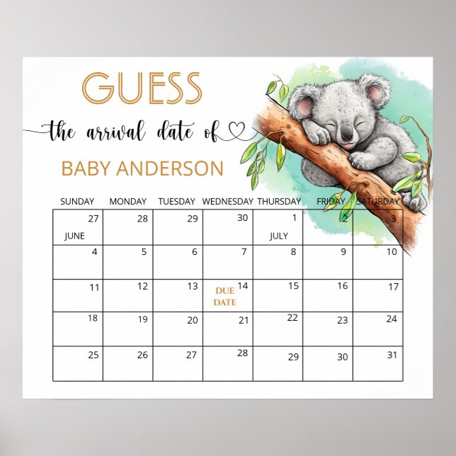 Affiche Baby Koala Baby shower Guess Date d'échéance Calen (Devant)