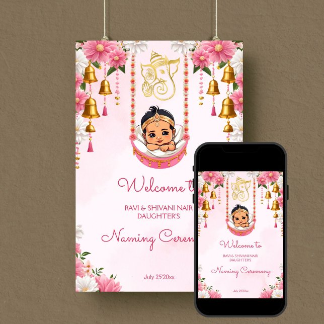 Affiche Baby Naming Cradle Indian Cérémonie rose bienvenue (Baby Naming Cradle Indian Namkarana Ceremony pink welcome Poster template digital download cute girl)