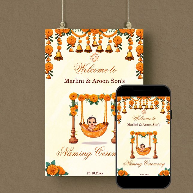 Affiche Baby Naming Cradle Indian Ceremony signe de bienve (Baby naming cradle namkaran ceremony welcome sign editable template digital download marigolds crib)