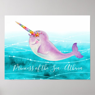 Affiche Baby narwhal rainbow underwater watercolor name