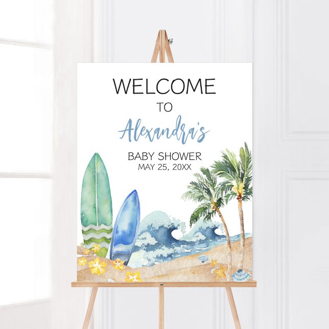 Affiche Baby on Board Baby shower de plage Bienvenue (Surfing Summer Boy Baby Shower Welcome Sign)