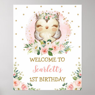 Affiche Baby Owl Blush or rose floral Accueil