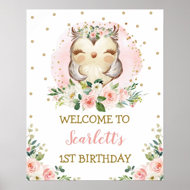 Affiche Baby Owl Blush or rose floral Accueil (Devant)
