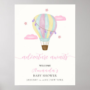 Affiche Baby shower à air chaud rose arc-en-ciel Bienvenue