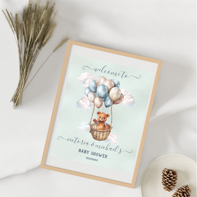 Affiche Baby shower à air chaud Teddy Bear Bienvenue (Select your size)