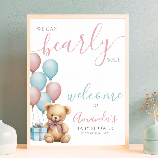 Affiche Baby shower à balles en peluche Bienvenue (Teddy Bear Balloon Baby Shower Welcome Poster )