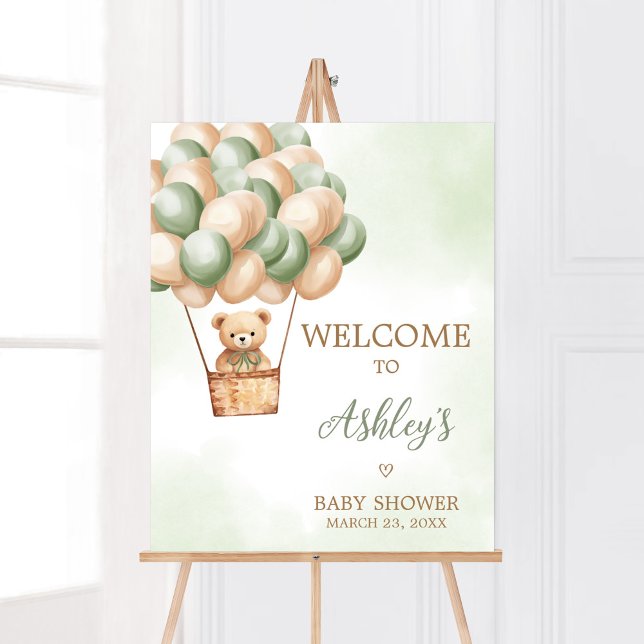 Affiche Baby shower à bulle à air chaud Ours vert Accueil (Boho Green Bear Baby Shower Welcome Sign)
