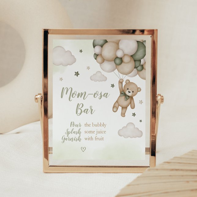 Affiche Baby shower à bulle d'ours vert Maman Osa Bar (Boho Bear Baby Shower Mom Osa Bar Sign)