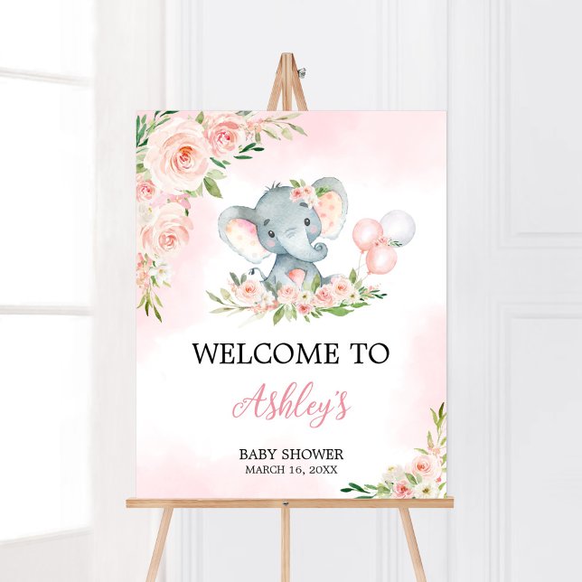 Affiche Baby shower à bulle rose floral (Floral Balloon Elephant Baby Shower Welcome Sign)