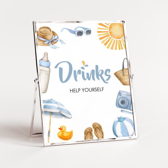 Affiche Baby shower à éclaboussures bleues Boissons (Boy Summer Beach Baby Shower Drinks Sign)