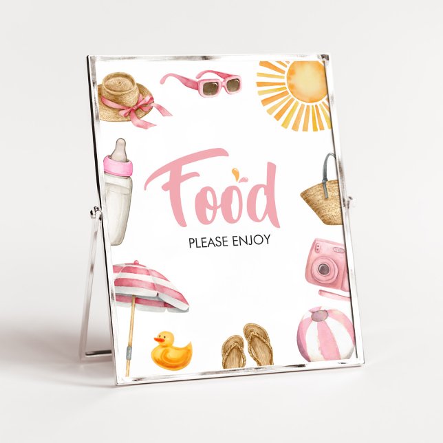 Affiche Baby shower à éclaboussures rose (Girl Summer Beach Baby Shower Food Sign)