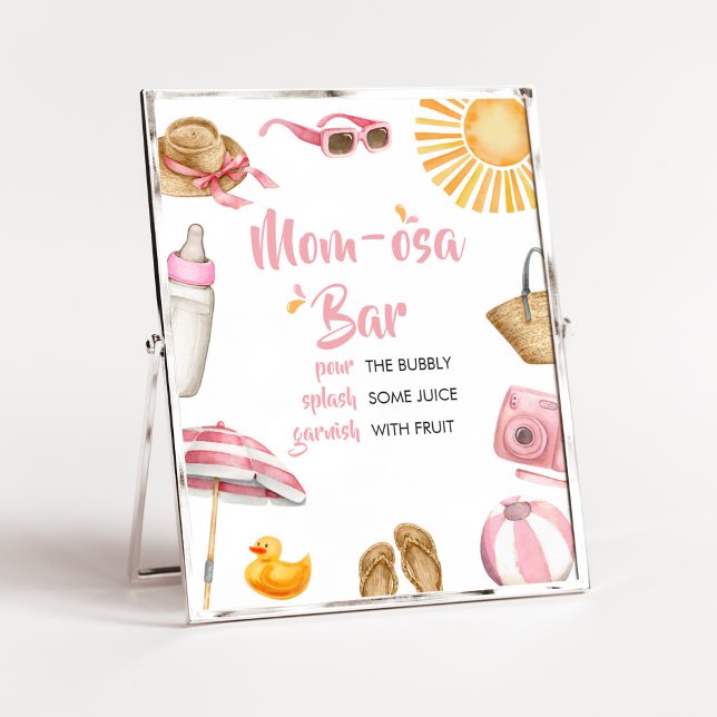 Affiche Baby shower à éclaboussures rose Maman Bar Osa (Girl Summer Beach Baby Shower Mom Osa Bar Sign)