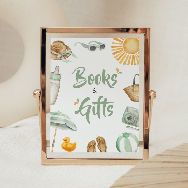 Affiche Baby shower à éclaboussures vertes Livres et cadea (Summer Baby Bash Baby Shower Books and Gifts Sign)