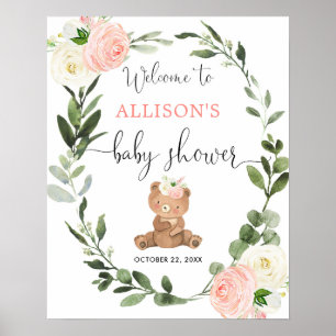 Affiche Baby shower à fleurs roses de l'ours en peluche pa