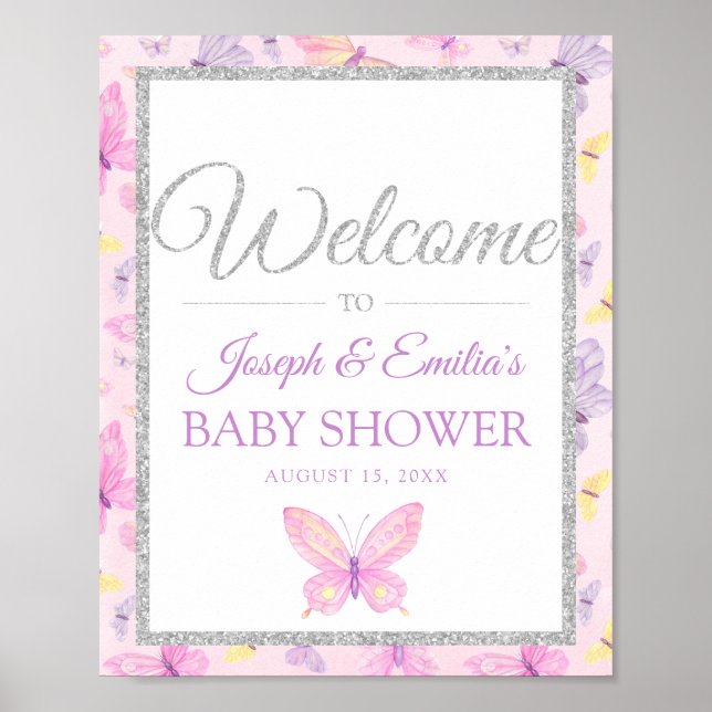 Affiche Baby shower à papillon rose et violet (Devant)