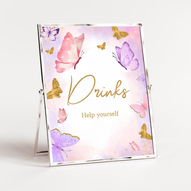 Affiche Baby shower à papillon rose violet en or (Boho Butterfly Baby Shower Drinks Sign)