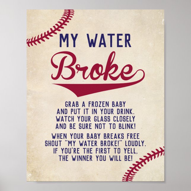 Affiche Baby shower À Thème De Baseball My Water Broke Jeu (Devant)