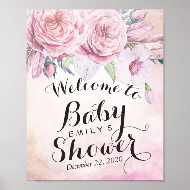 Affiche Baby shower Accueil Aquarelle Boho Fleur Plumes (Devant)