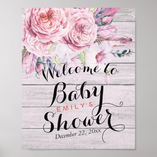 Affiche Baby shower Accueil Aquarelle Florale Bois rustiqu (Devant)