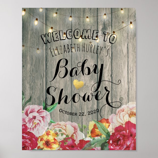 Affiche Baby shower Accueil Fleurs Chic Chaîne Bois Clair (Devant)