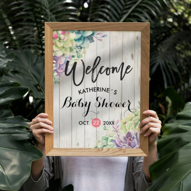 Affiche Baby shower Accueil Plantes Succulents Bois rustiq (Créateur téléchargé)